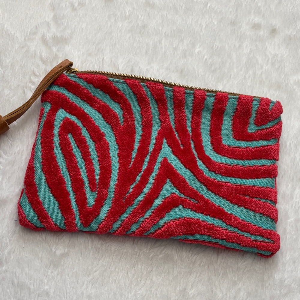 Glenda Gies Stylish Coral Velvet and Teal Clutch with Tassel - Picture 6 of 7